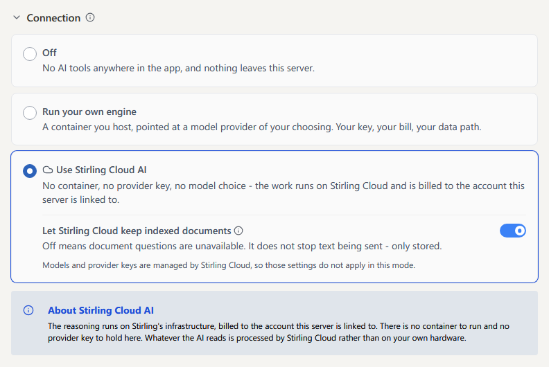 AI connection settings with Off, Run your own engine, and Use Stirling Cloud AI
