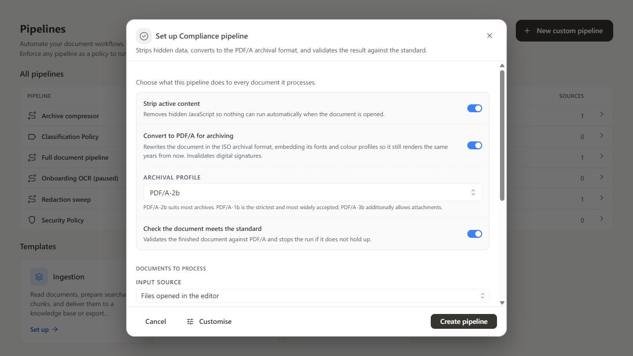 Compliance policy setup form with PDF/A conversion and validation