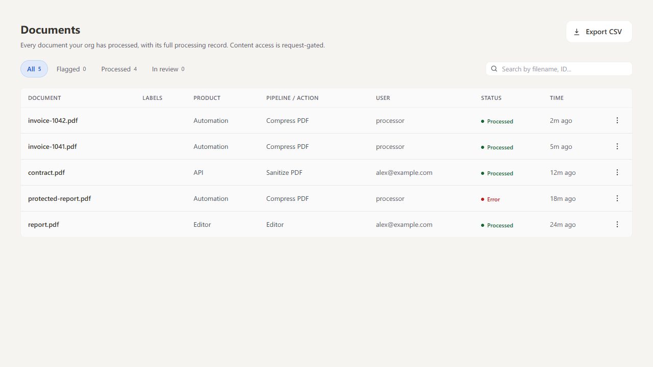 Documents table with filters and CSV export