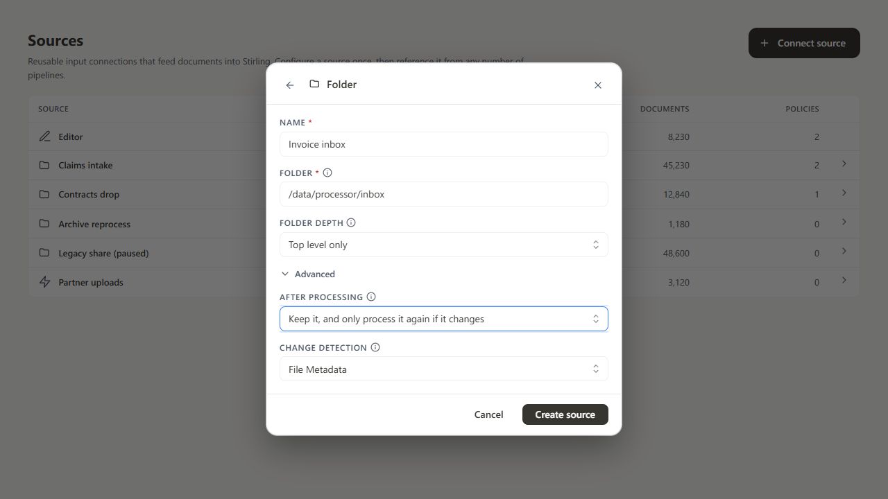 Folder source configuration with advanced processing controls