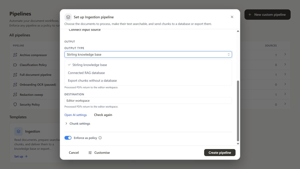 Ingestion output menu with knowledge base, connected database, and export choices