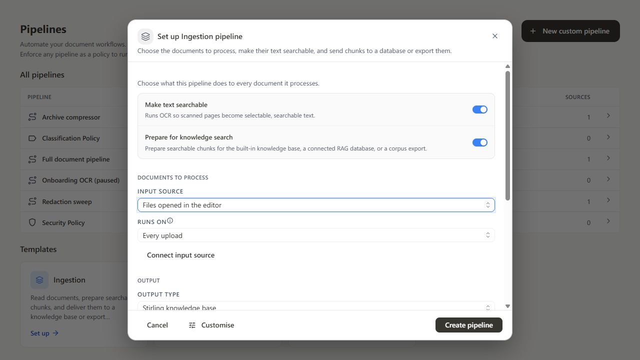 Ingestion setup with processing and input settings