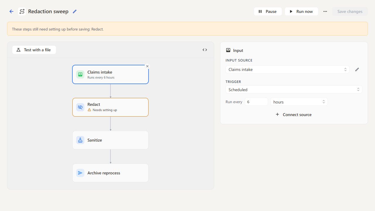 Pipeline builder with input, operation chain, and settings
