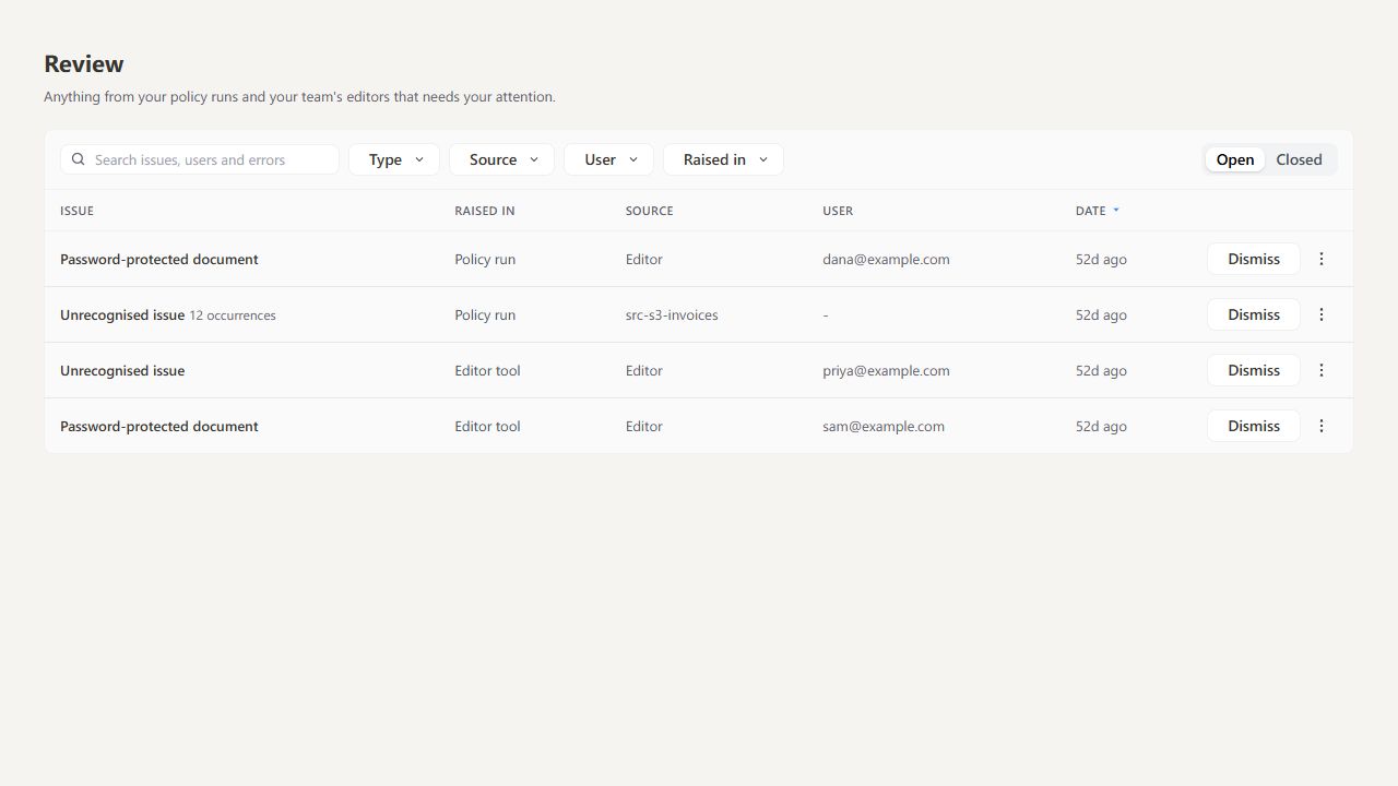 Review queue with issue details and available actions